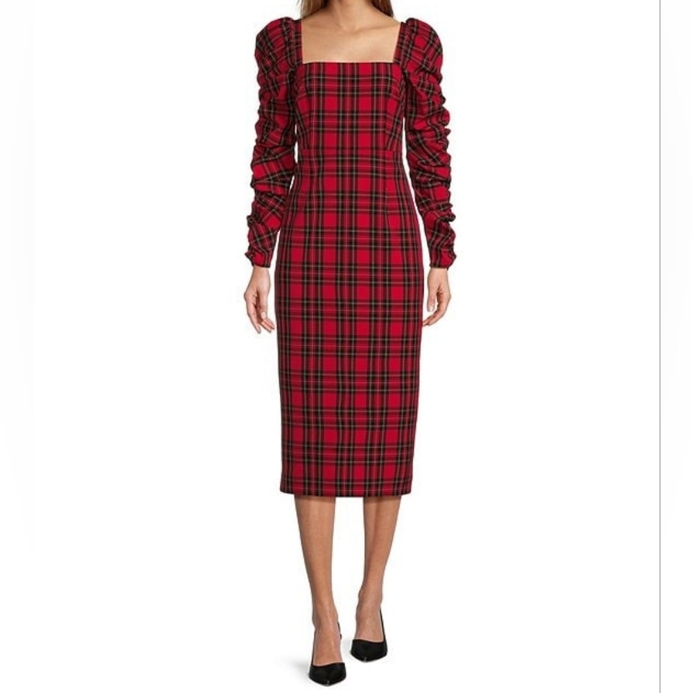 Antonio Melani Elena Midi Dress Size 6 Red Tartan Plaid Holiday Xmas Christmas